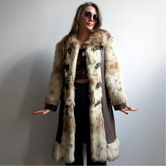Vintage Cheetah Faux Fur Afghan Coat Leather Penny Lane Shaggy Trench Jacket - Picture 11 of 14